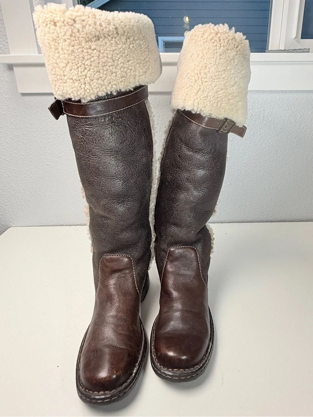 Born Leather Shearling Fold Over Tall Boots Brown Womens Size 8 EU 39